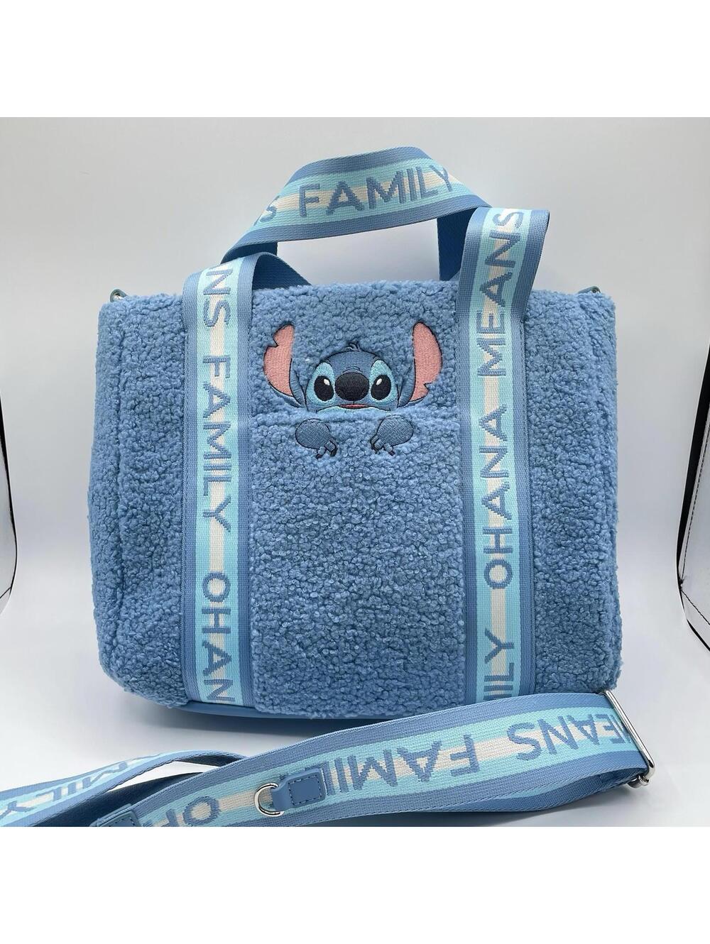 Cute Disney Lily & Stitch Ohana Means Family LOUNGEFLY Sherpa Tote Bag w/ Zipper
